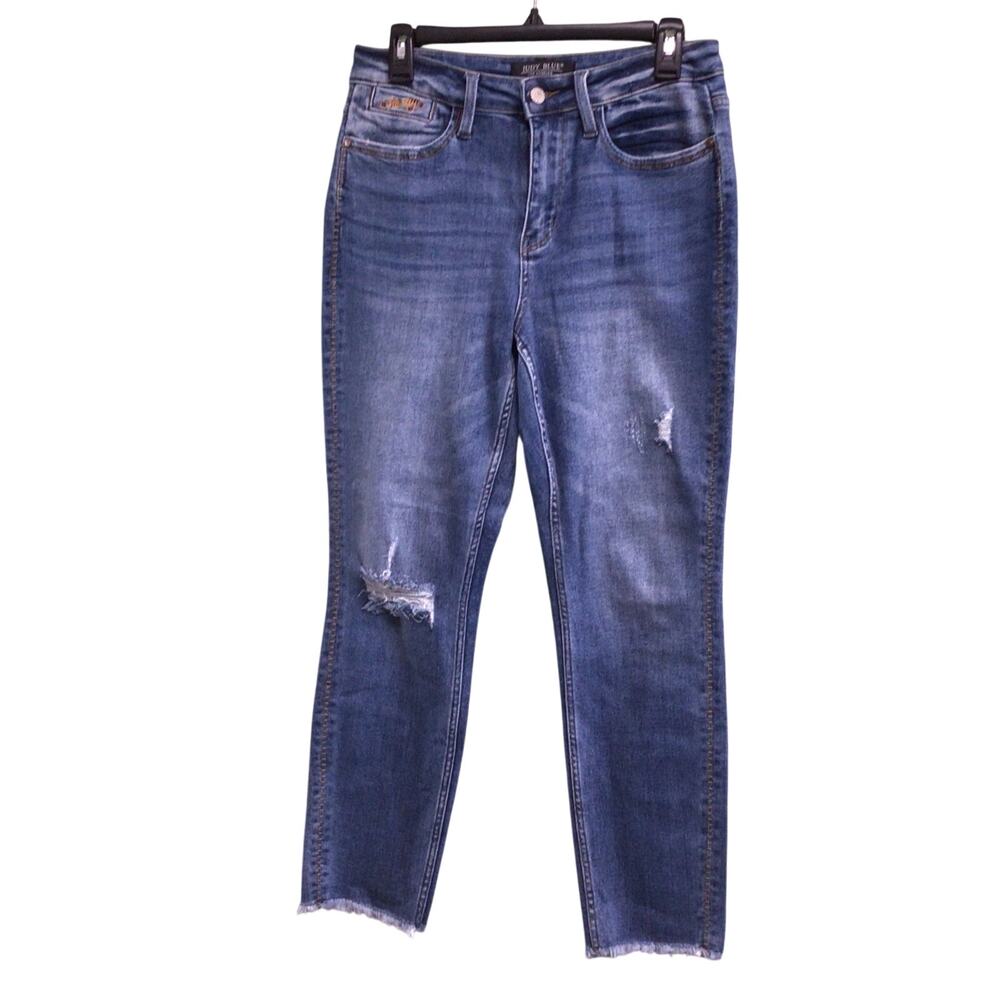 M45 Judy Blue Womens Mid Rise Boyfriend Fit Medium Wash Jeans Size 5/27 Raw Hem